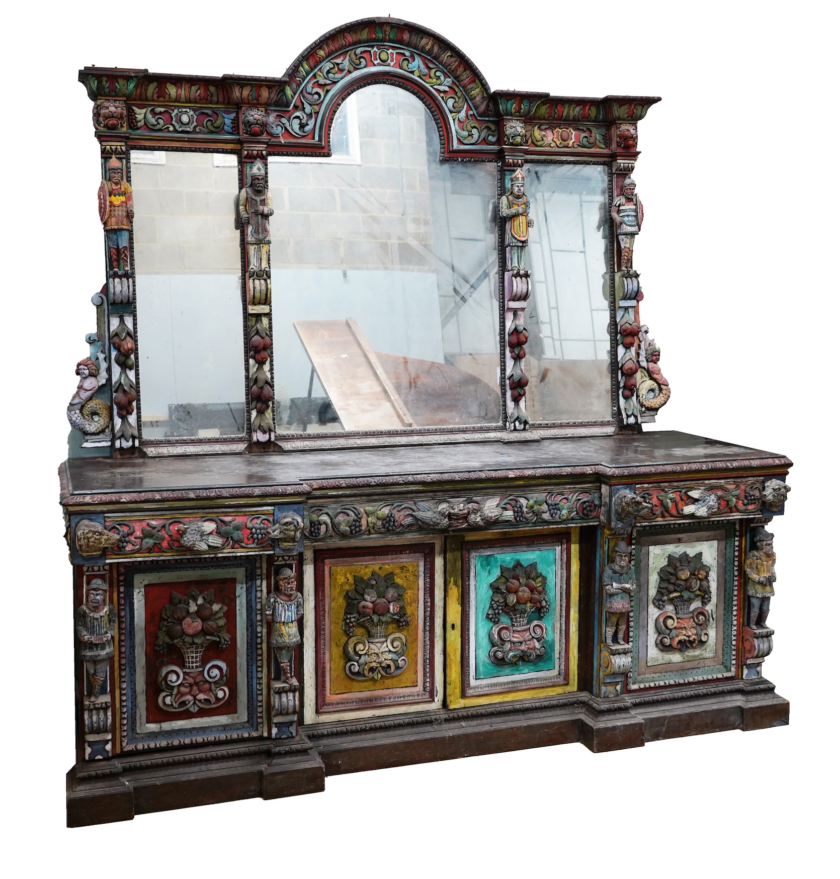 John Bratby (1928-1992): A monumental mirror backed buffet sideboard, polychrome decorated by the artist